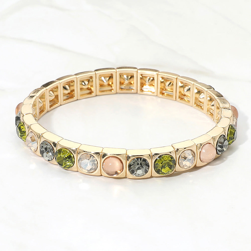 Madeline Love Olive Green Round Faceted Gem Panel Beaded Stretch Bracelet
