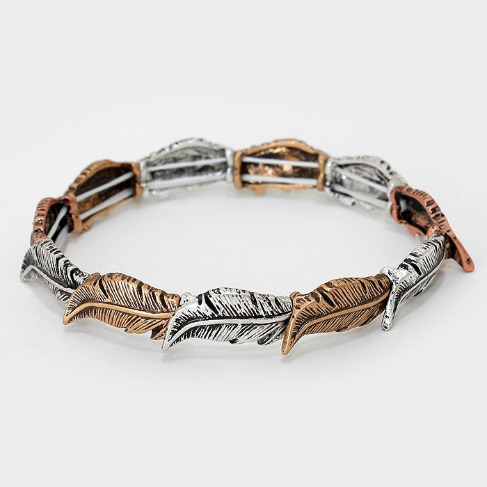 Madeline Love Silver Burnished, Gold Burnished, Copper Burnished Feather Stretch Bracelet - Bracelets