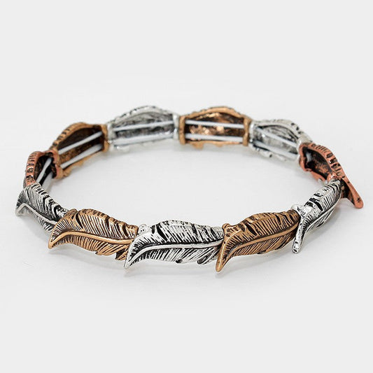 Madeline Love Silver Burnished, Gold Burnished, Copper Burnished Feather Stretch Bracelet - Bracelets