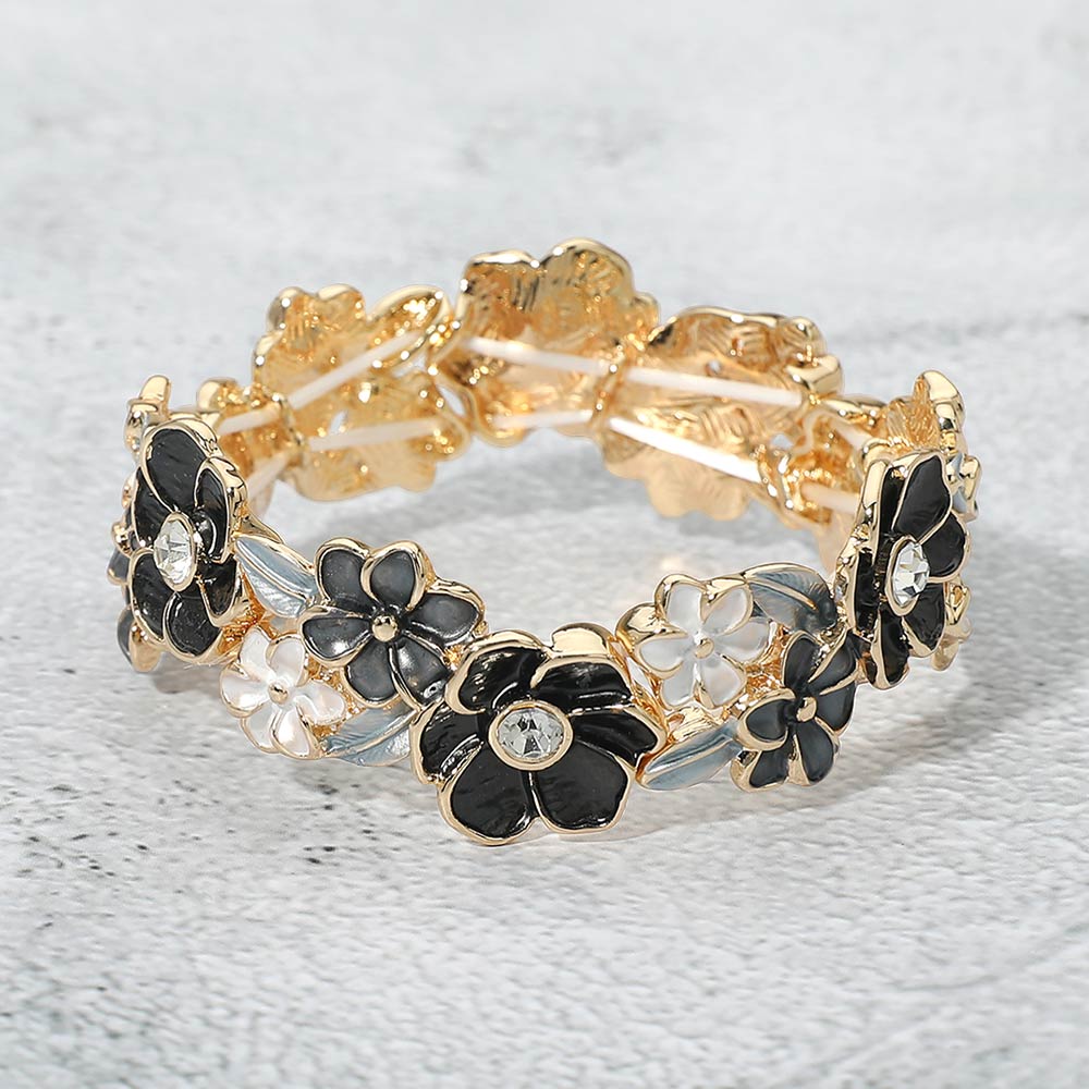 Madeline Love Black, Gold Stone Center Floral Enamel Stretch Bracelet - Bracelets