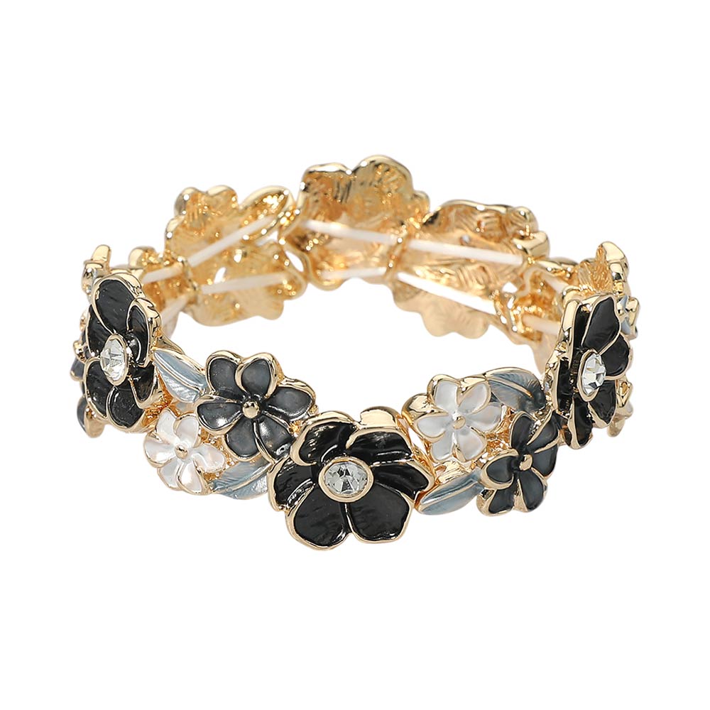 Madeline Love Black, Gold Stone Center Floral Enamel Stretch Bracelet - Bracelets - desc