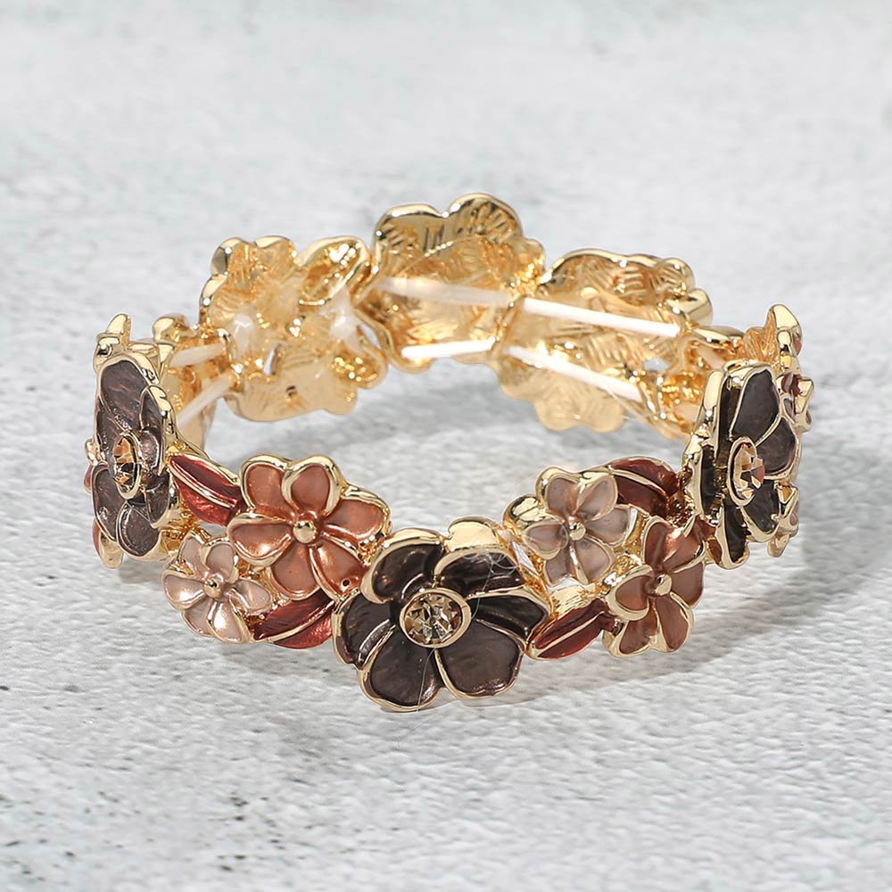Madeline Love Brown, Gold Stone Center Floral Enamel Stretch Bracelet - Bracelets