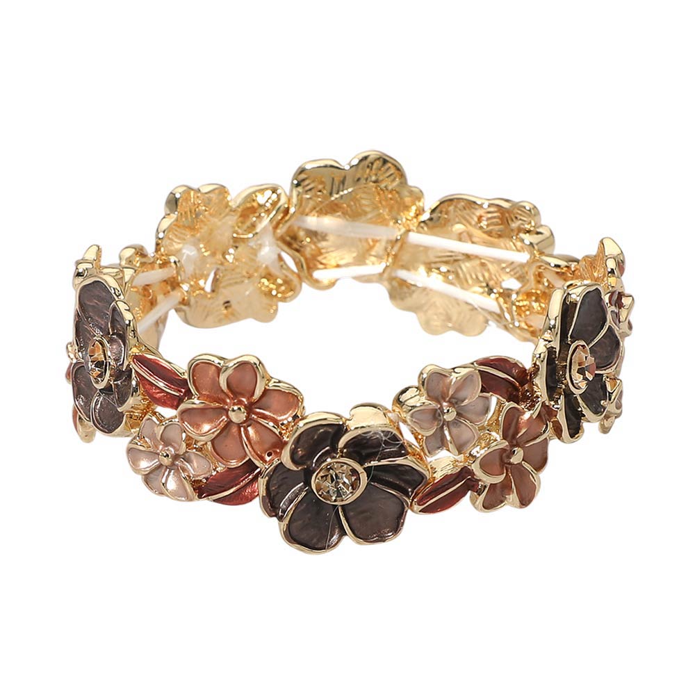 Madeline Love Brown, Gold Stone Center Floral Enamel Stretch Bracelet - Bracelets - desc