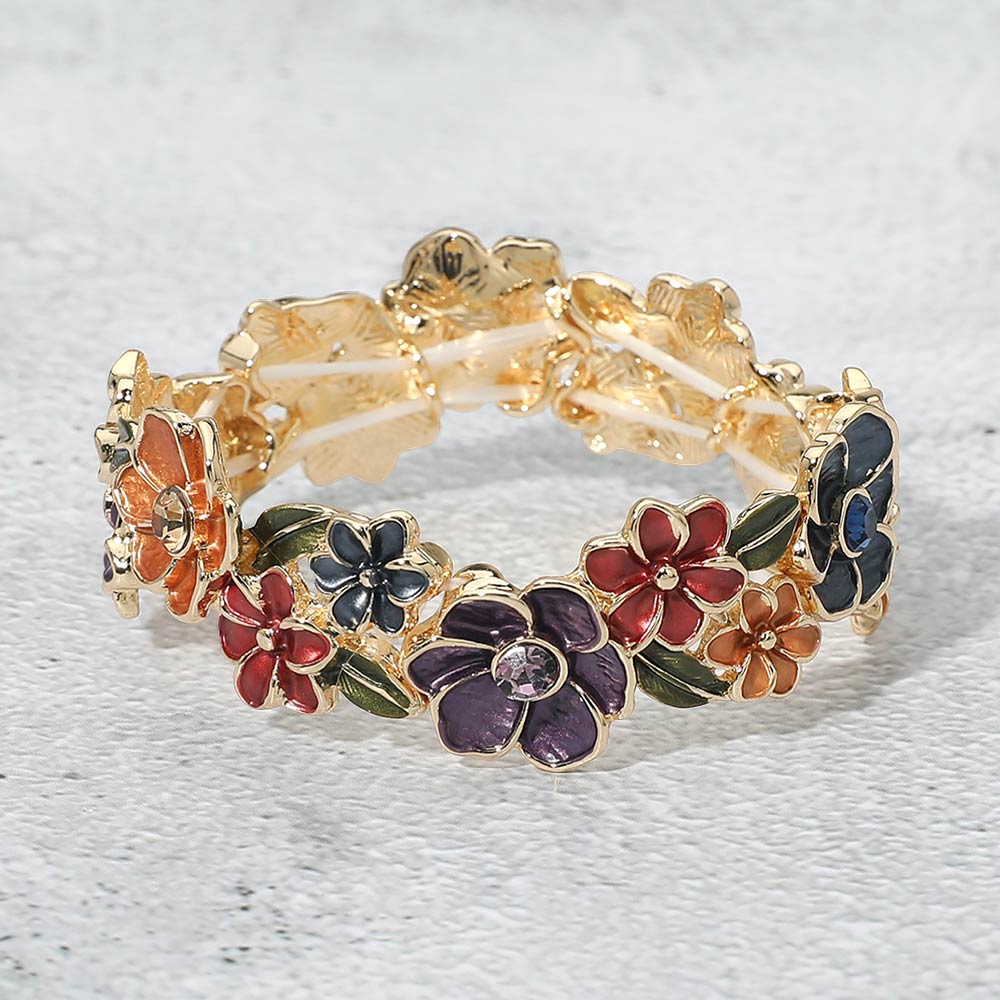 Madeline Love Gold, Multi Stone Center Floral Enamel Stretch Bracelet - Bracelets