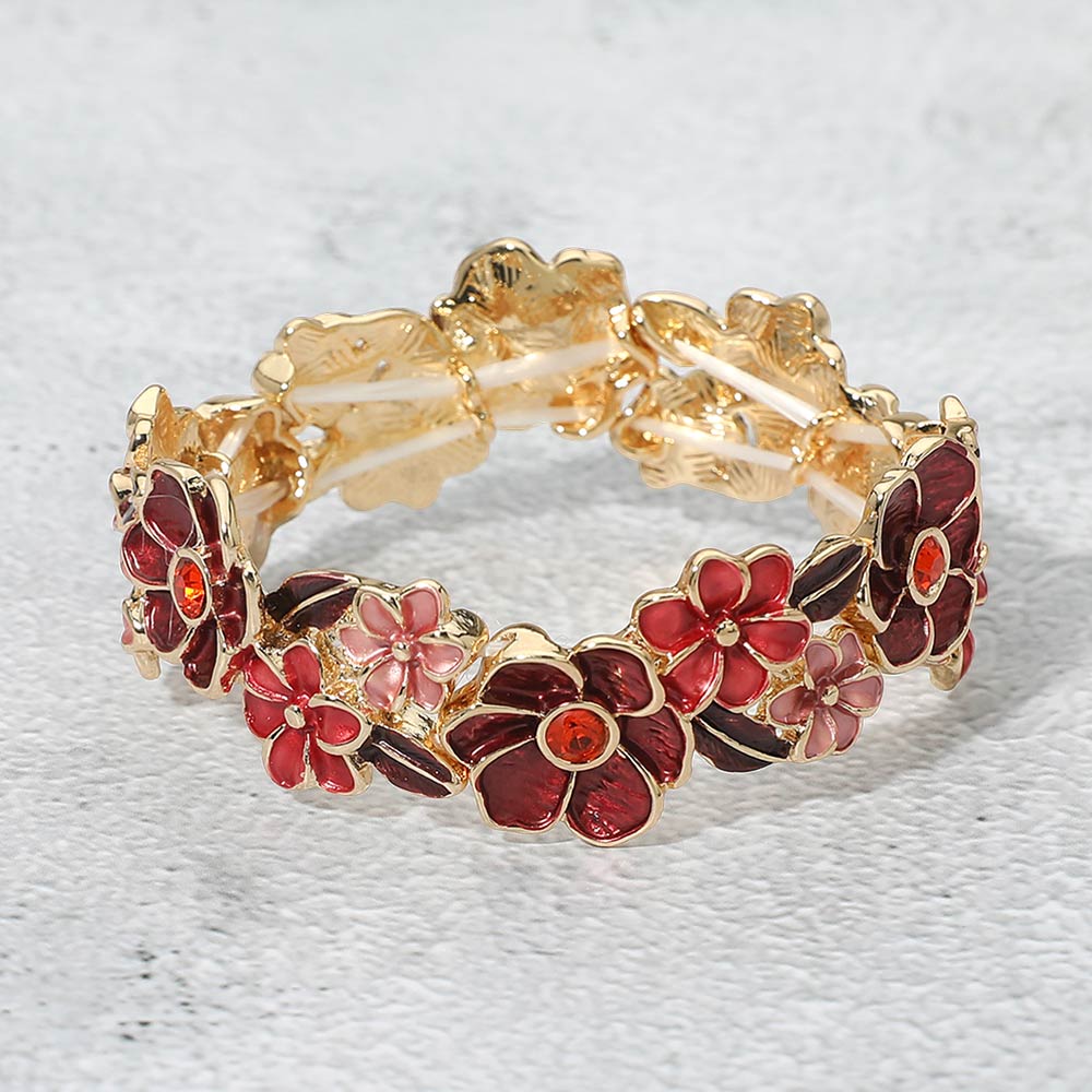 Madeline Love Gold, Red Stone Center Floral Enamel Stretch Bracelet - Bracelets