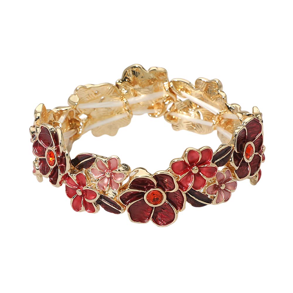 Madeline Love Gold, Red Stone Center Floral Enamel Stretch Bracelet - Bracelets - desc