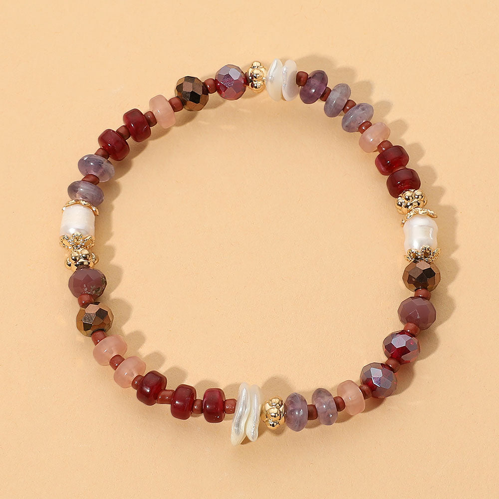 Madeline Love Burgundy, Gold Pearl Mixed Beaded Stretch Bracelet