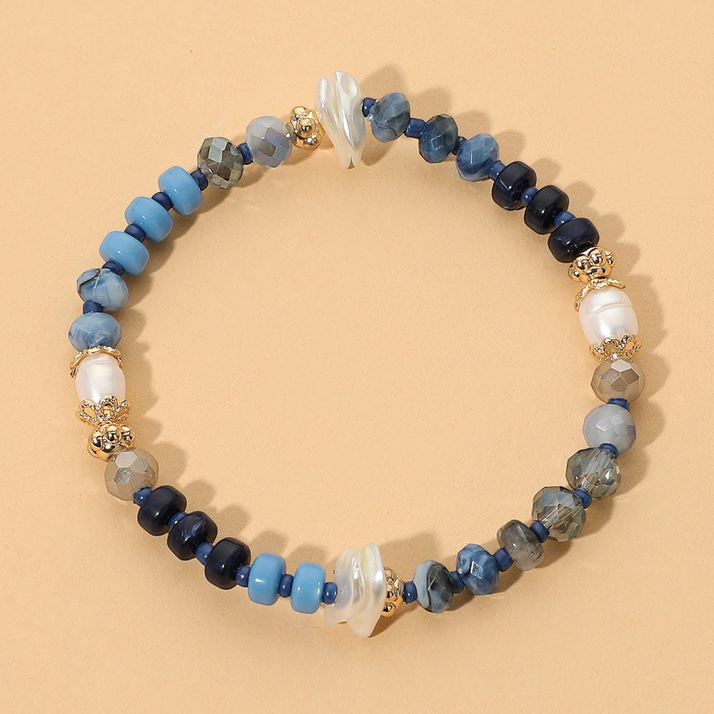 Madeline Love Gold, Navy Pearl Mixed Beaded Stretch Bracelet