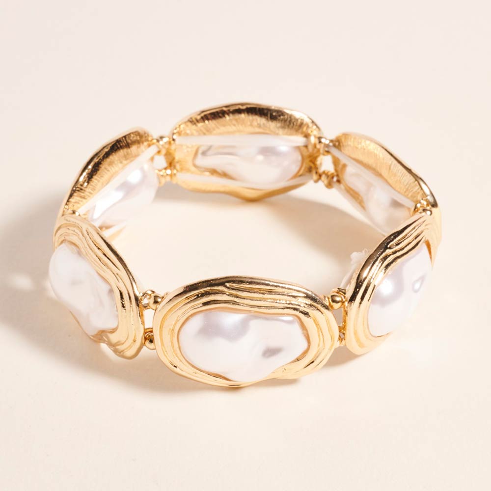 Madeline Love Gold Bold Organic Pearl Plate Beaded Stretch Bracelet - Bracelets