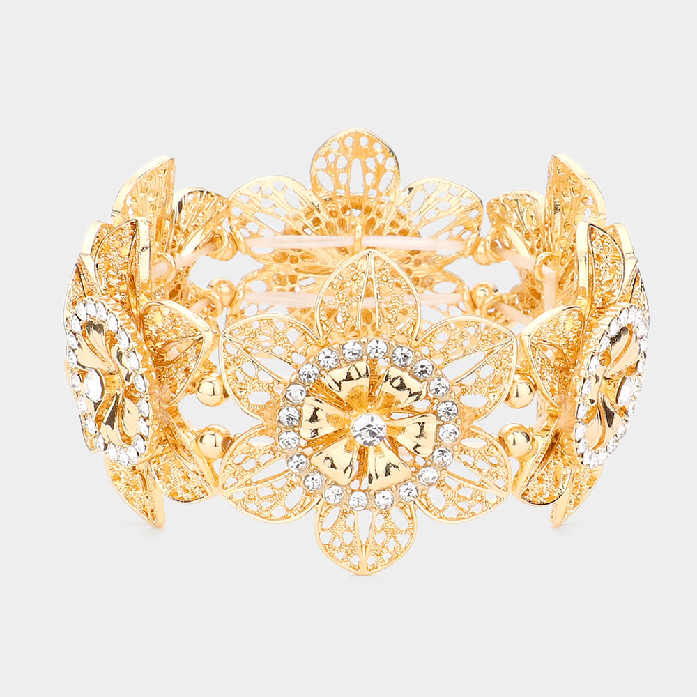 Madeline Love Gold Rhinestone Embellished Cutout Metal Flower Stretch Bracelet - Bracelets