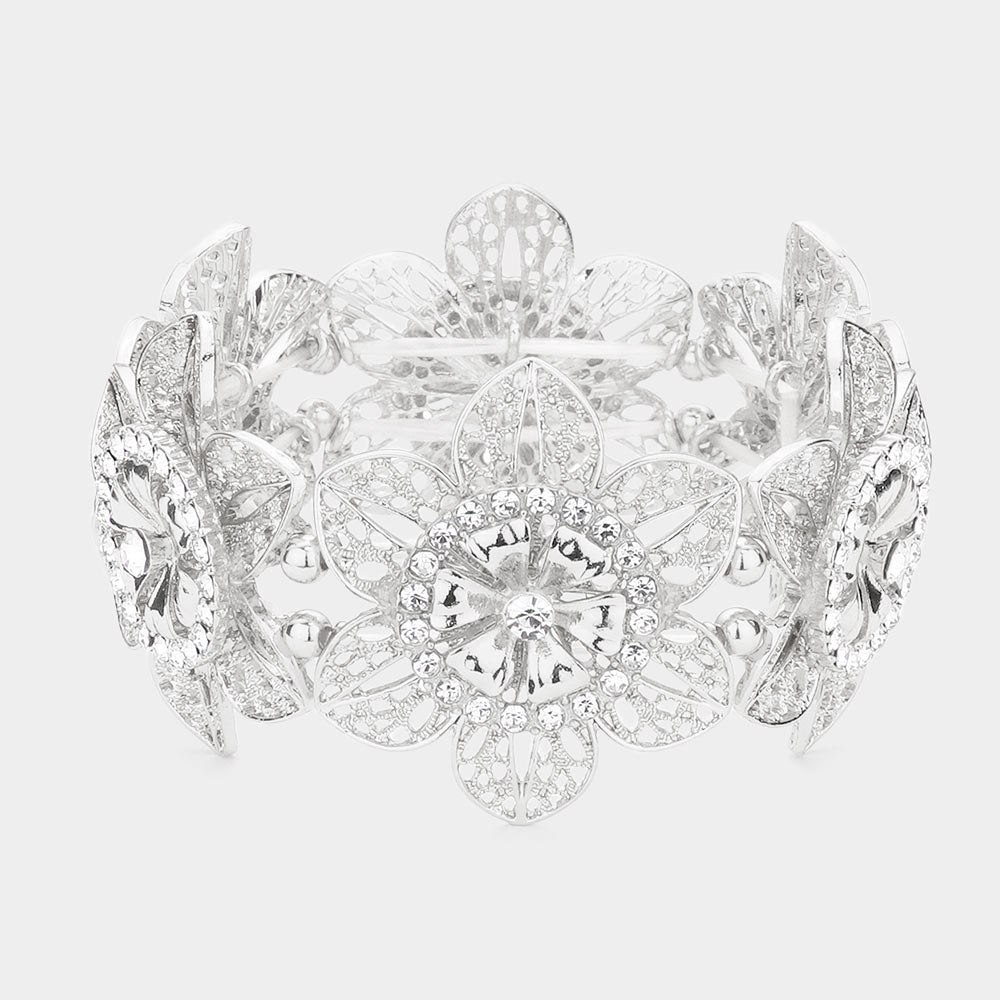 Madeline Love Rhodium Rhinestone Embellished Cutout Metal Flower Stretch Bracelet - Bracelets