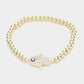 Madeline Love Clear, Gold Brass Metal Ball CZ Hamsa Hand Enamel Evil Eye Charm Stretch Bracelet - Bracelets