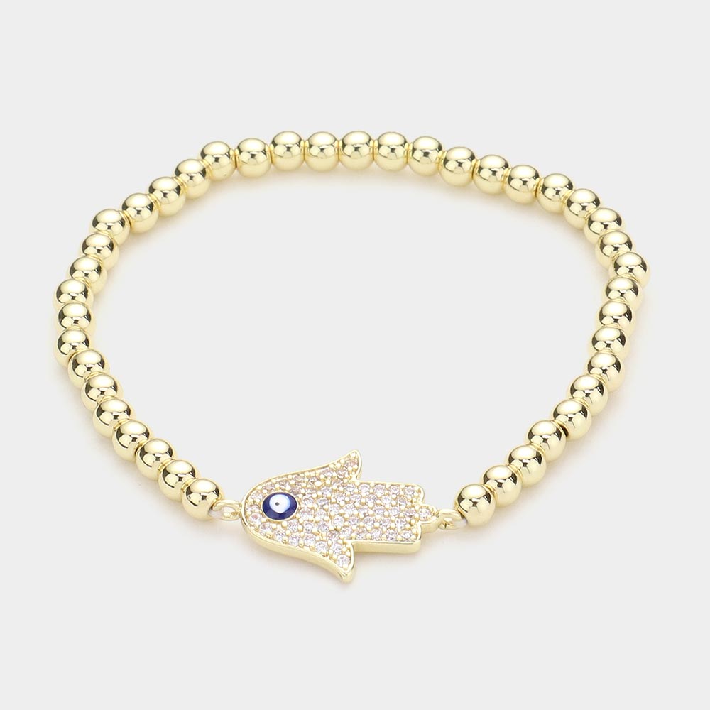 Madeline Love Clear, Gold Brass Metal Ball CZ Hamsa Hand Enamel Evil Eye Charm Stretch Bracelet - Bracelets