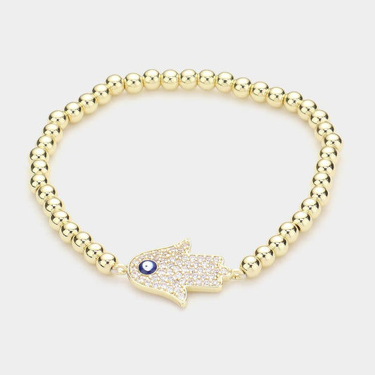 Madeline Love Clear, Gold Brass Metal Ball CZ Hamsa Hand Enamel Evil Eye Charm Stretch Bracelet - Bracelets