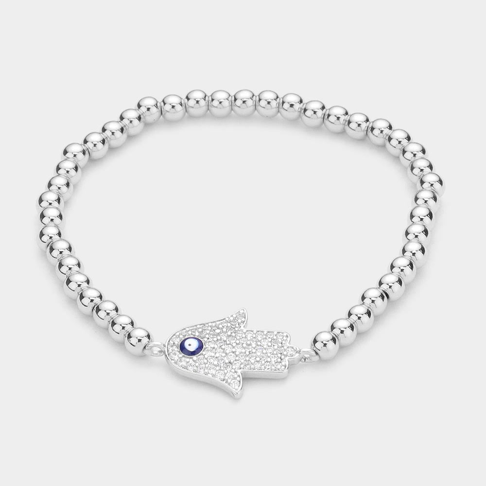 Madeline Love Clear, Rhodium Brass Metal Ball CZ Hamsa Hand Enamel Evil Eye Charm Stretch Bracelet - Bracelets