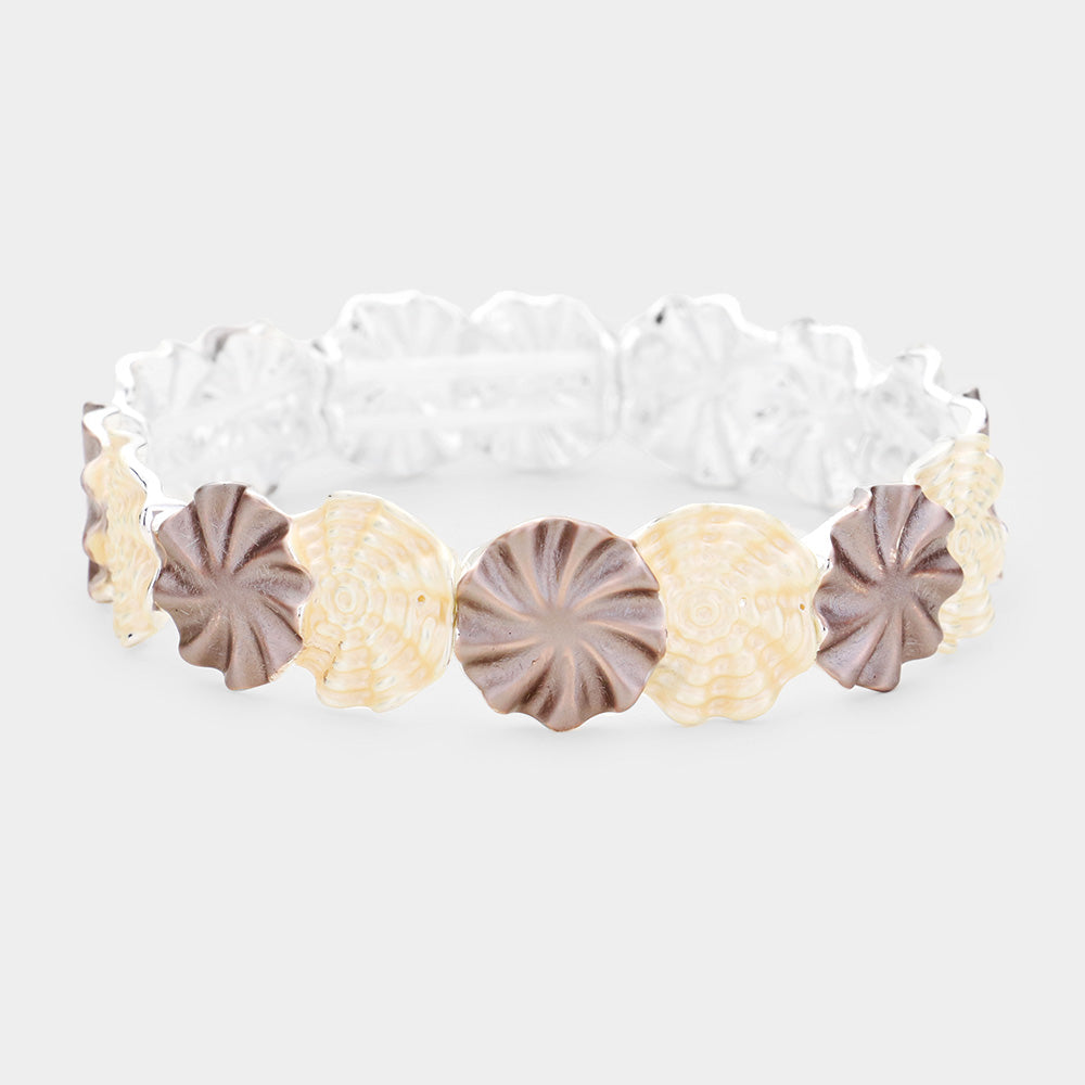 Brown, Silver Shell Metal Stretch Bracelet