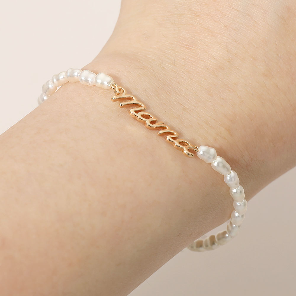 Madeline Love Cream, Gold MAMA Script Plate Pearl Beaded Stretch Bracelet - Bracelets