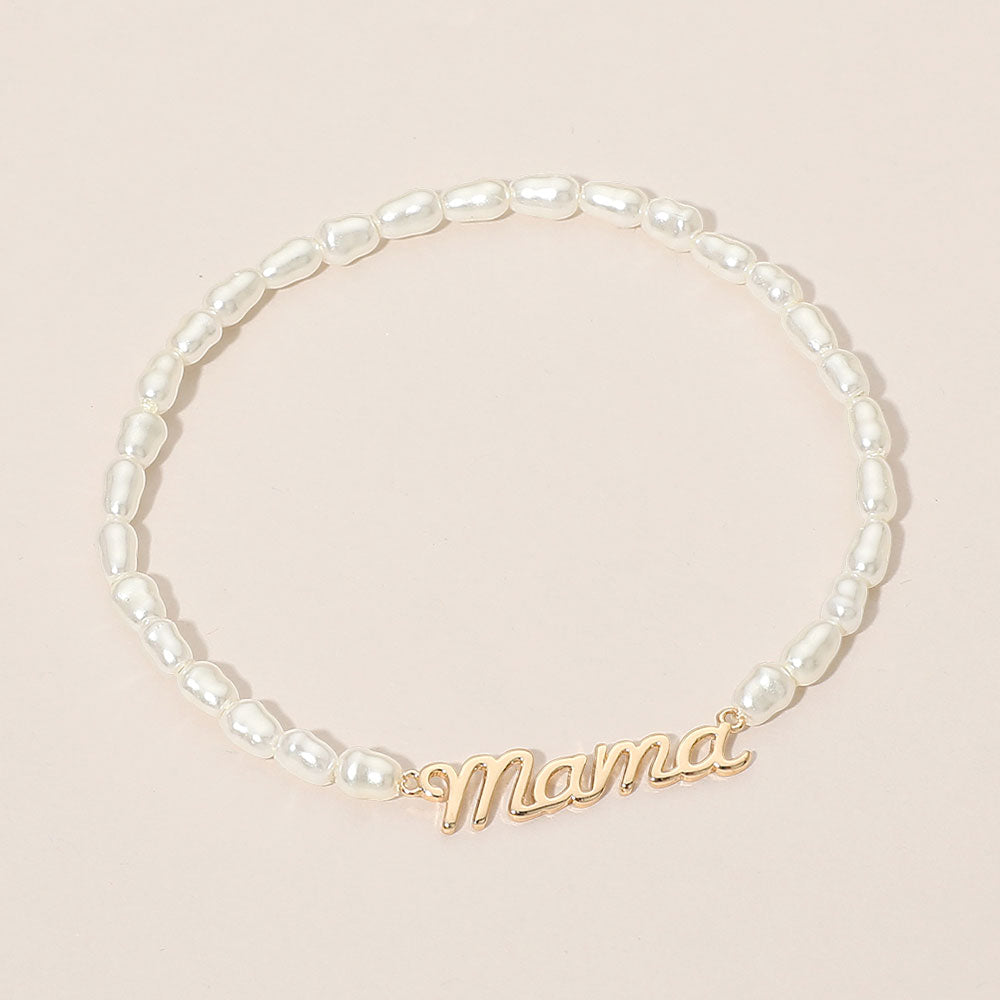 Madeline Love Cream, Gold MAMA Script Plate Pearl Beaded Stretch Bracelet - Bracelets - desc