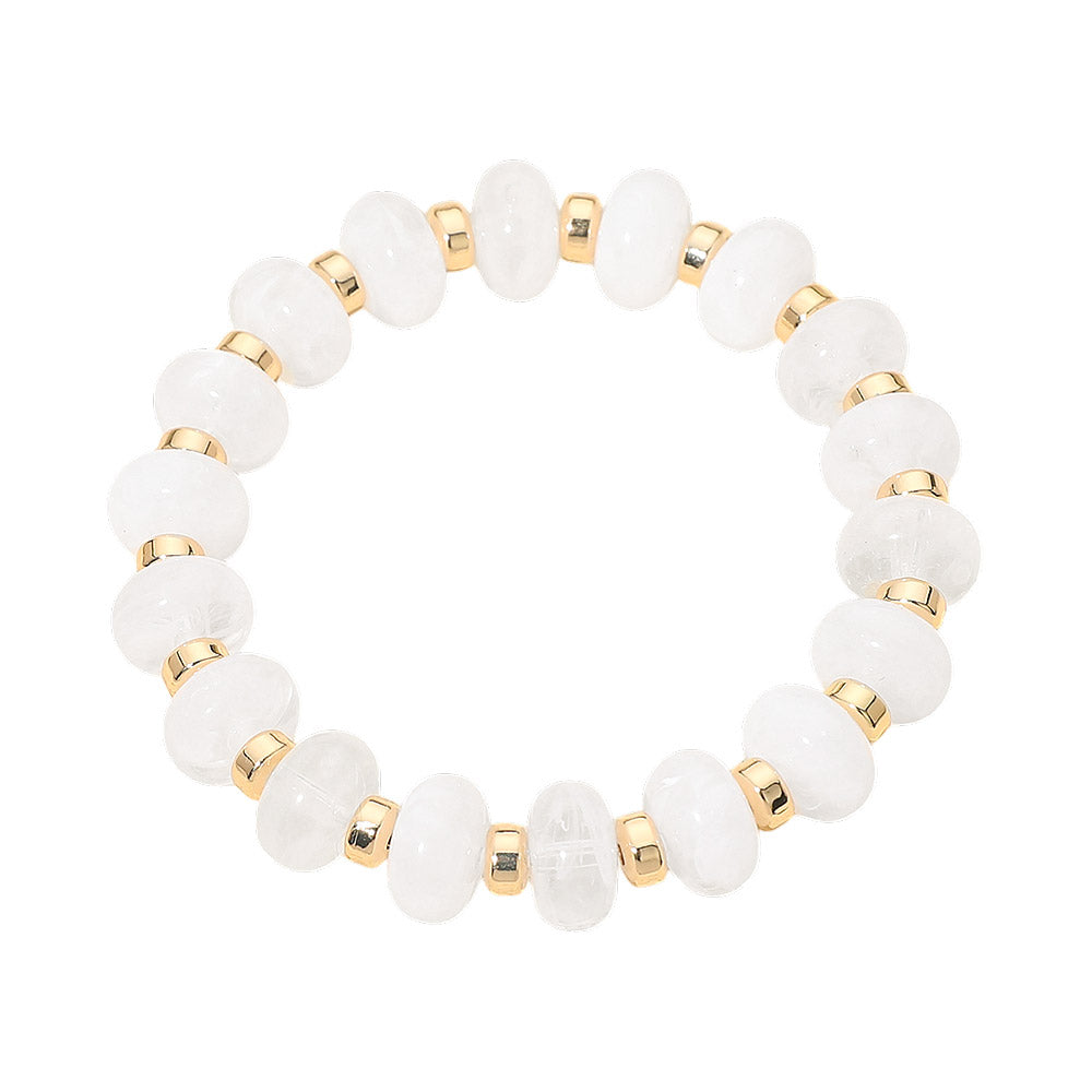 Madeline Love Gold, White Resin Round Beaded Stretch Bracelet - Bracelets - desc