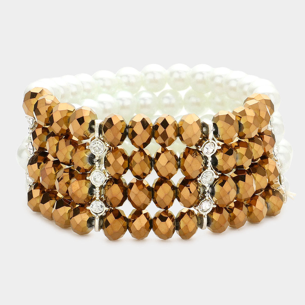 Madeline Love Brown, White Two Tone Pearl Glass Bead Stretch Bracelet - Bracelets