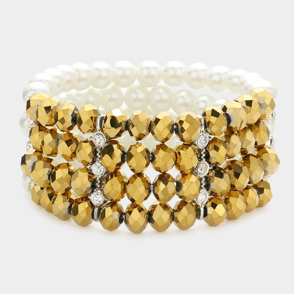 Madeline Love Gold, White Two Tone Pearl Glass Bead Stretch Bracelet - Bracelets