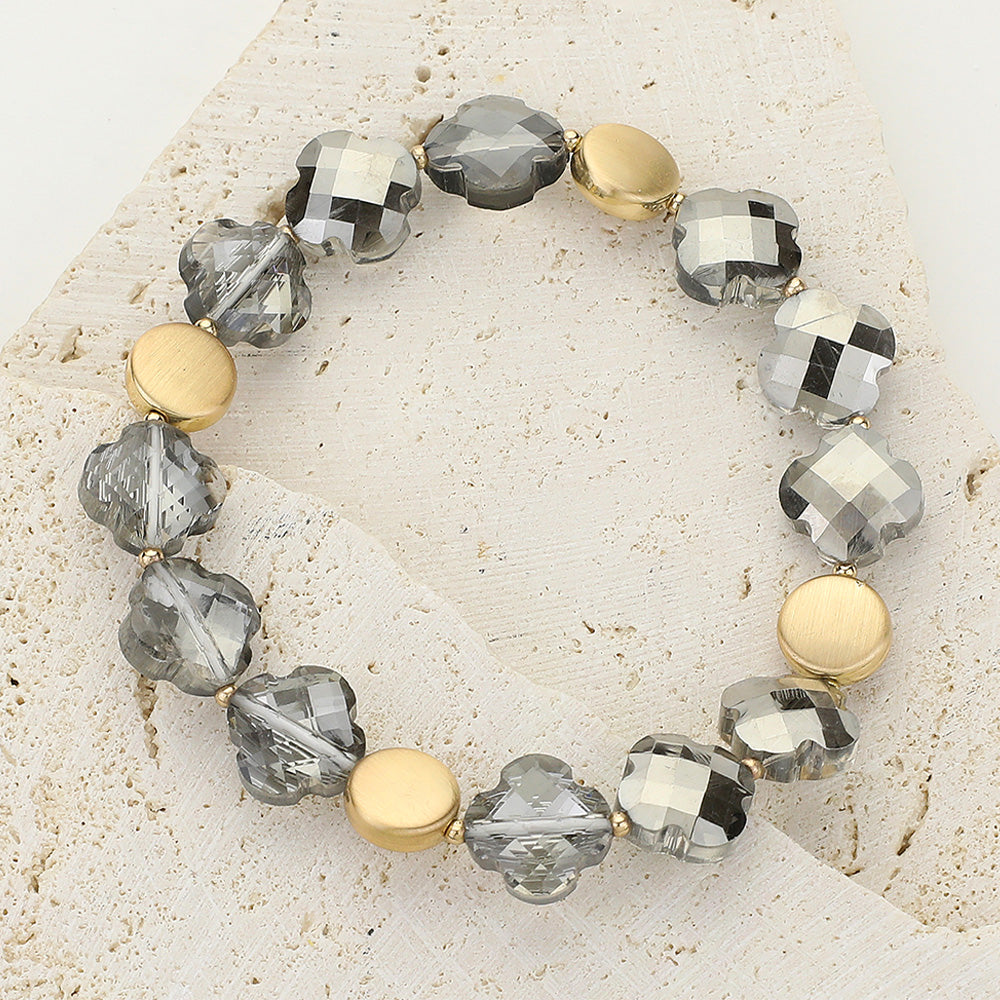 Madeline Love Jet Black Faceted Quatrefoil Beaded Stretch Bracelet