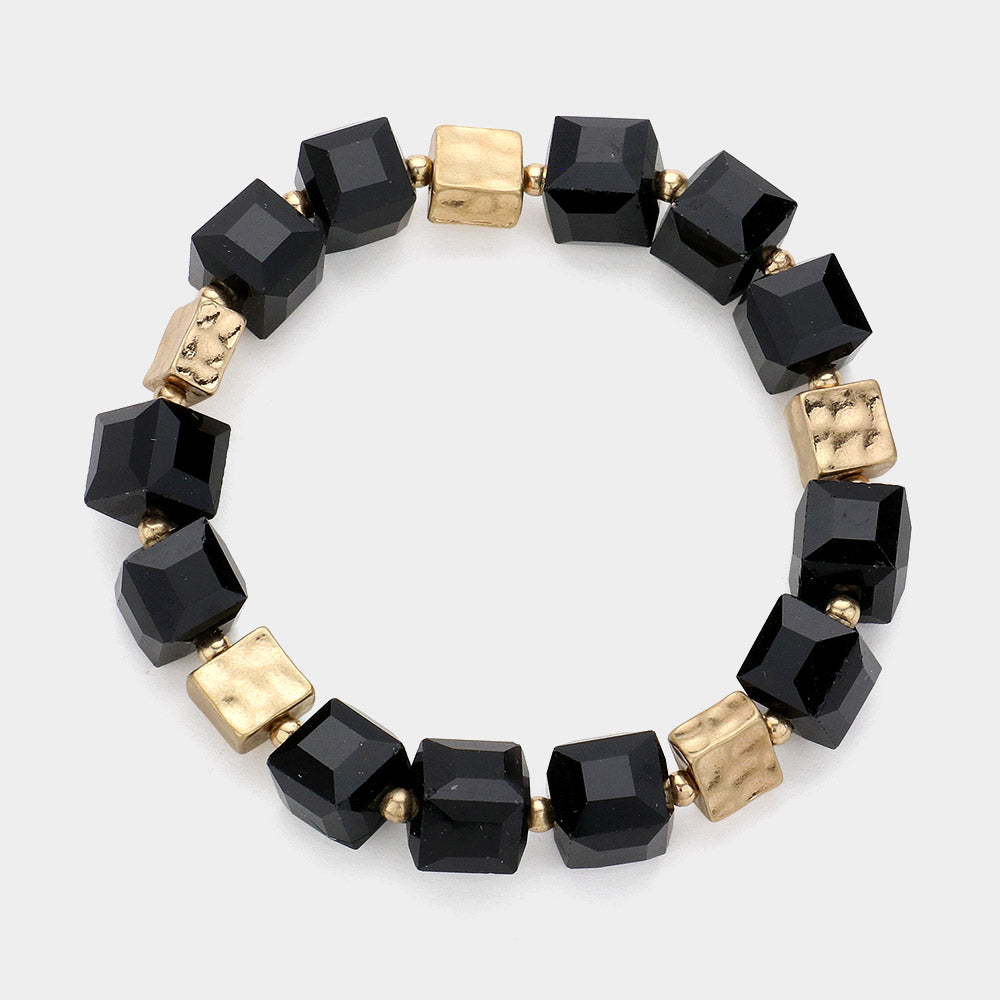 Madeline Love Jet Black Cube Beaded Stretch Bracelet - Bracelets