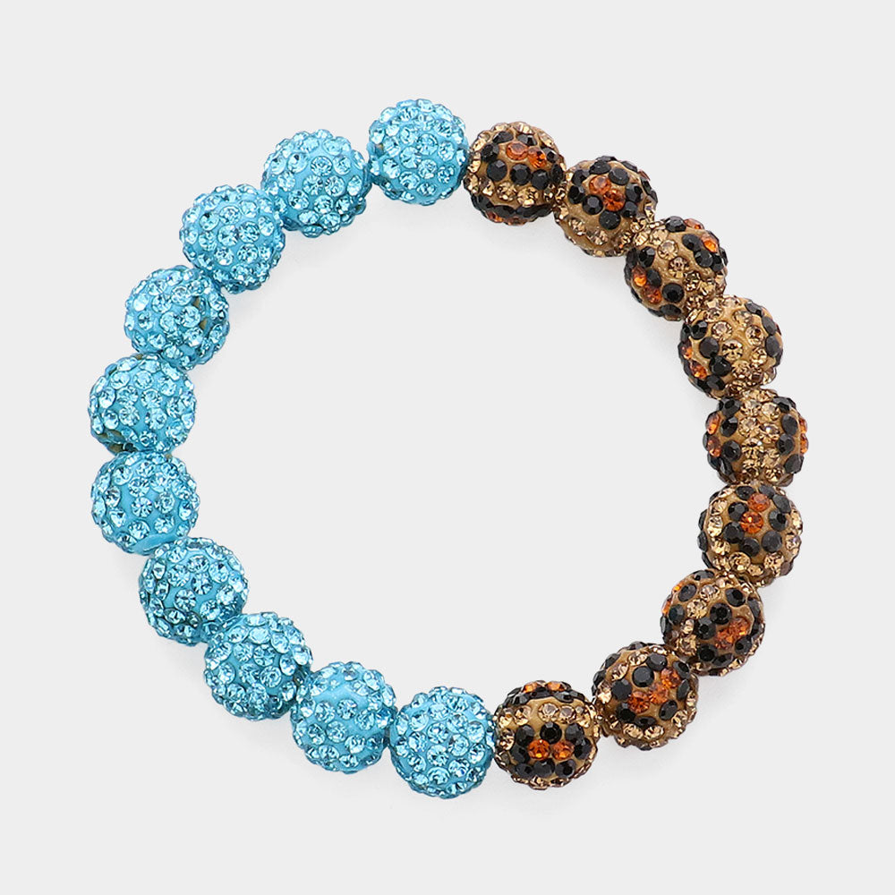Madeline Love Leopard, Light Blue Leopard Shamballa Ball Beaded Pointed Stretch Bracelet - Bracelets