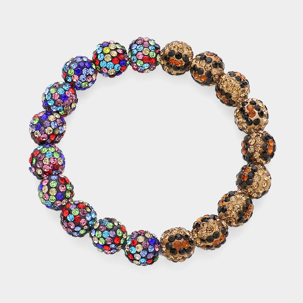 Madeline Love Leopard, Multi Leopard Shamballa Ball Beaded Pointed Stretch Bracelet - Bracelets