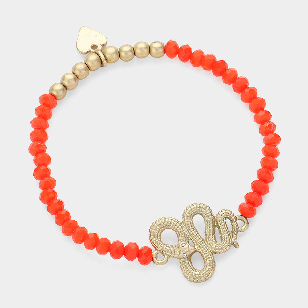 Madeline Love Matte gold, Red Snake Charm Pointed Faceted Beaded Stretch Bracelet - Bracelets