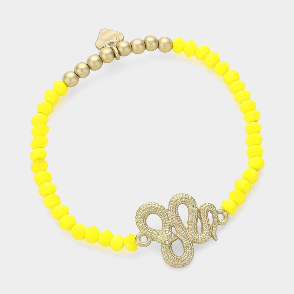 Madeline Love Matte gold, Yellow Snake Charm Pointed Faceted Beaded Stretch Bracelet - Bracelets