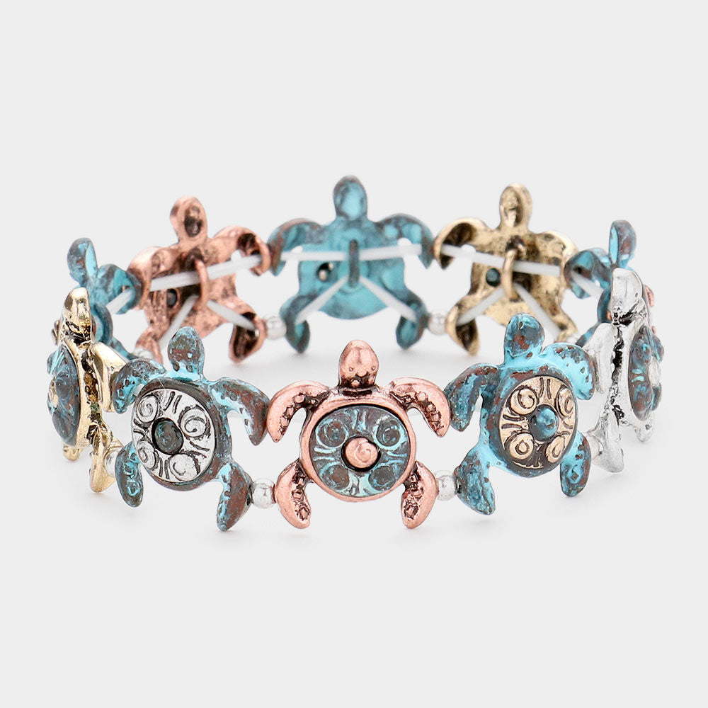 Madeline Love Multi, Patina Verdigris Burnished Metal Turtle Stretch Bracelet - Bracelets