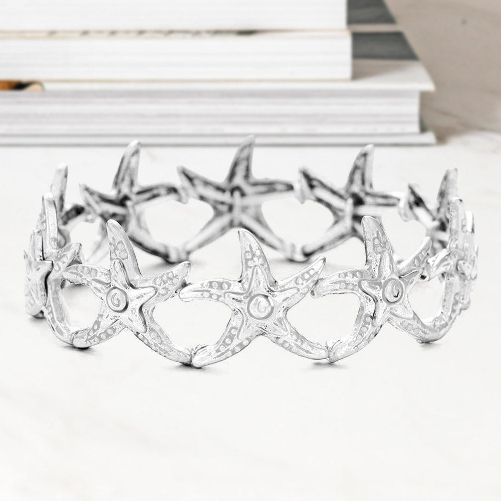 Madeline Love Antique Silver Hammered Metal Starfish Stretch Bracelet - Bracelets
