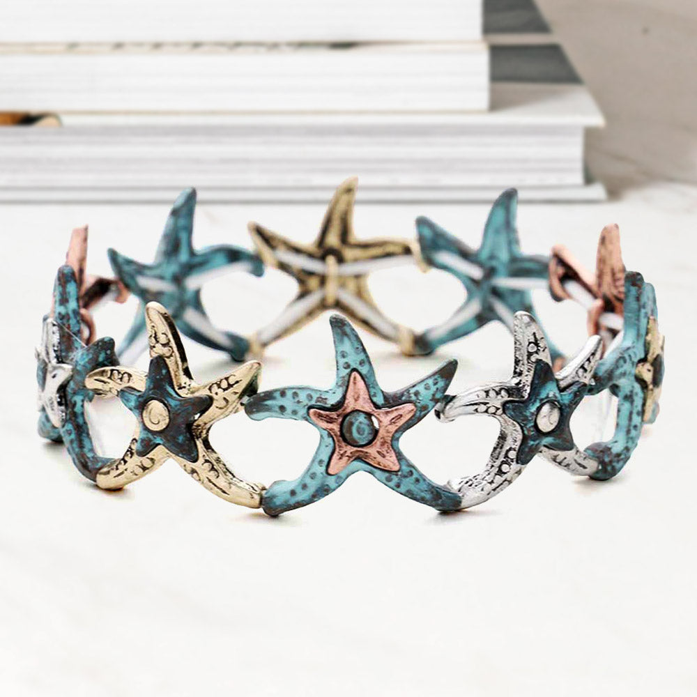 Madeline Love Patina Verdigris Hammered Metal Starfish Stretch Bracelet - Bracelets