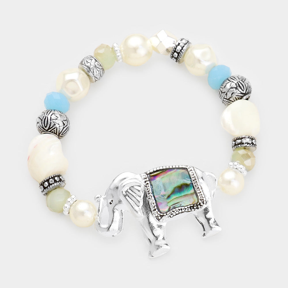 Madeline Love Abalone, Antique Silver Abalone Antique Sliver Elephant Pearl Multi Beaded Stretch Bracelet - Bracelets