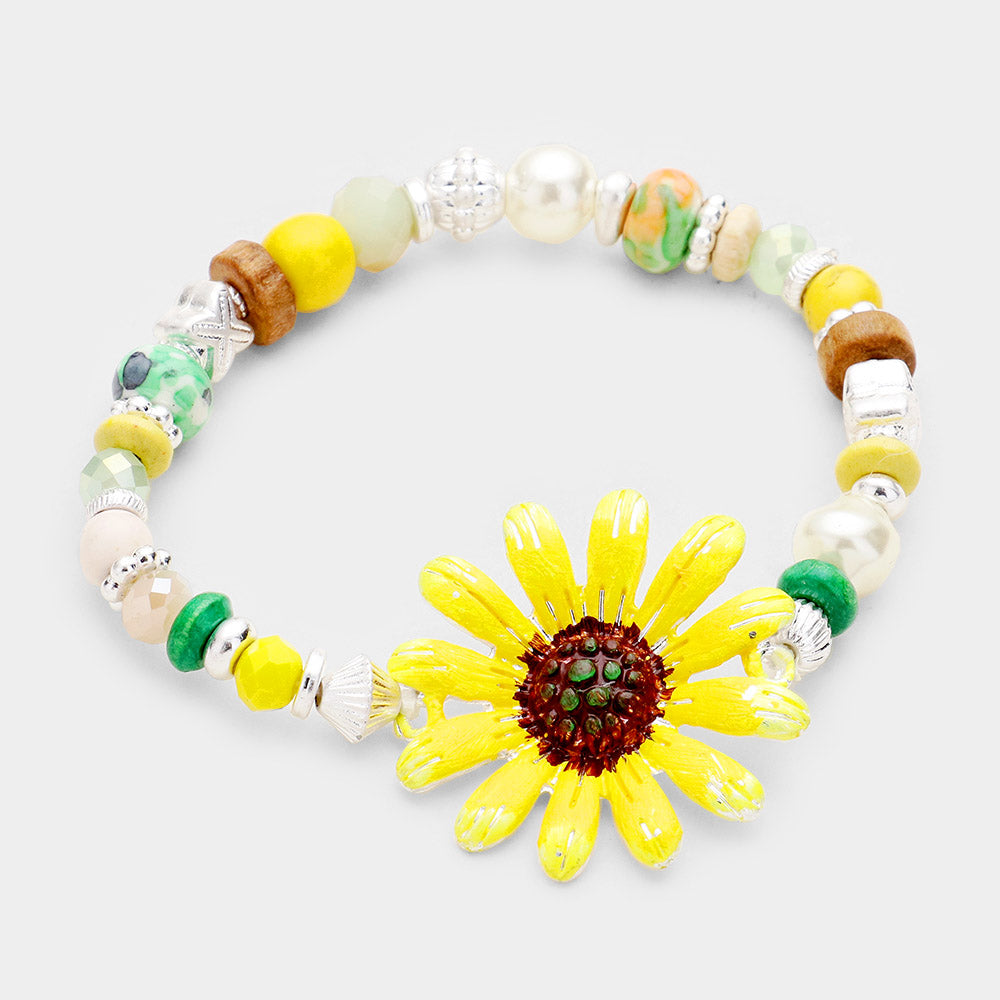 Madeline Love Multi, Yellow Multi Beaded Bloom Flower Stretch Bracelet - Bracelets
