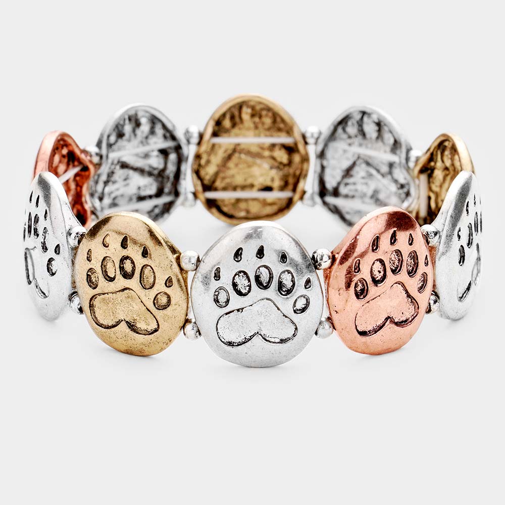 Madeline Love Gold Burnished, Rhodium Burnished Textured Metal Paw Stretch Bracelet - Bracelets