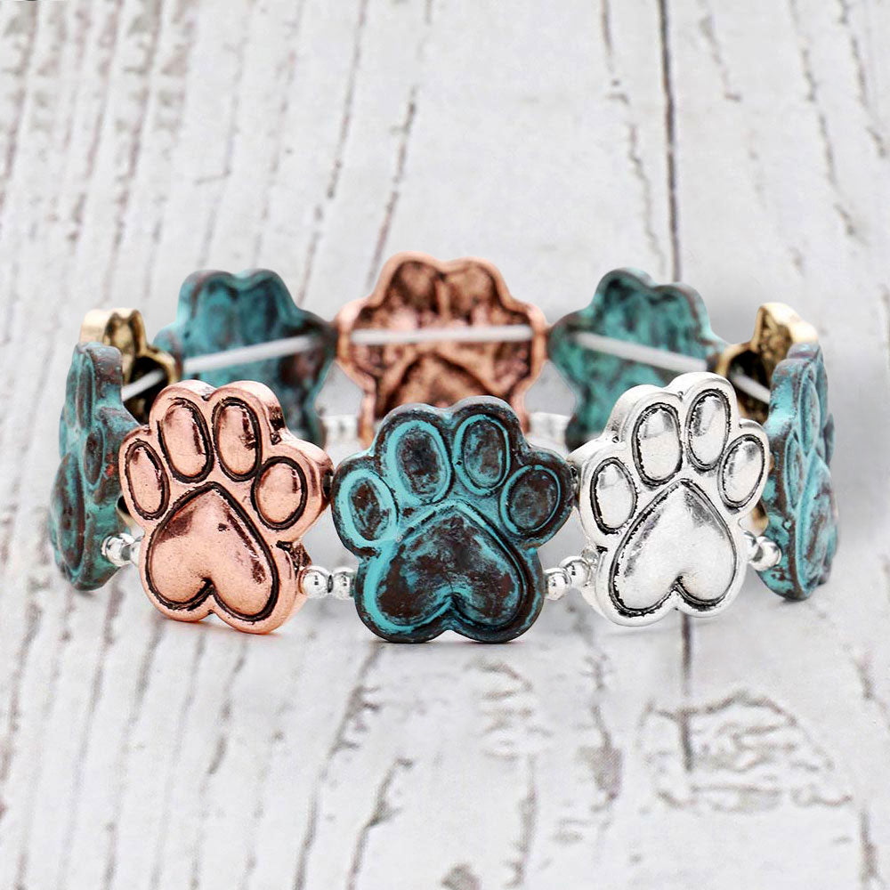 Madeline Love Copper Burnished, Patina Verdigris, Rhodium Burnished Textured Metal Paw Stretch Bracelet - Bracelets