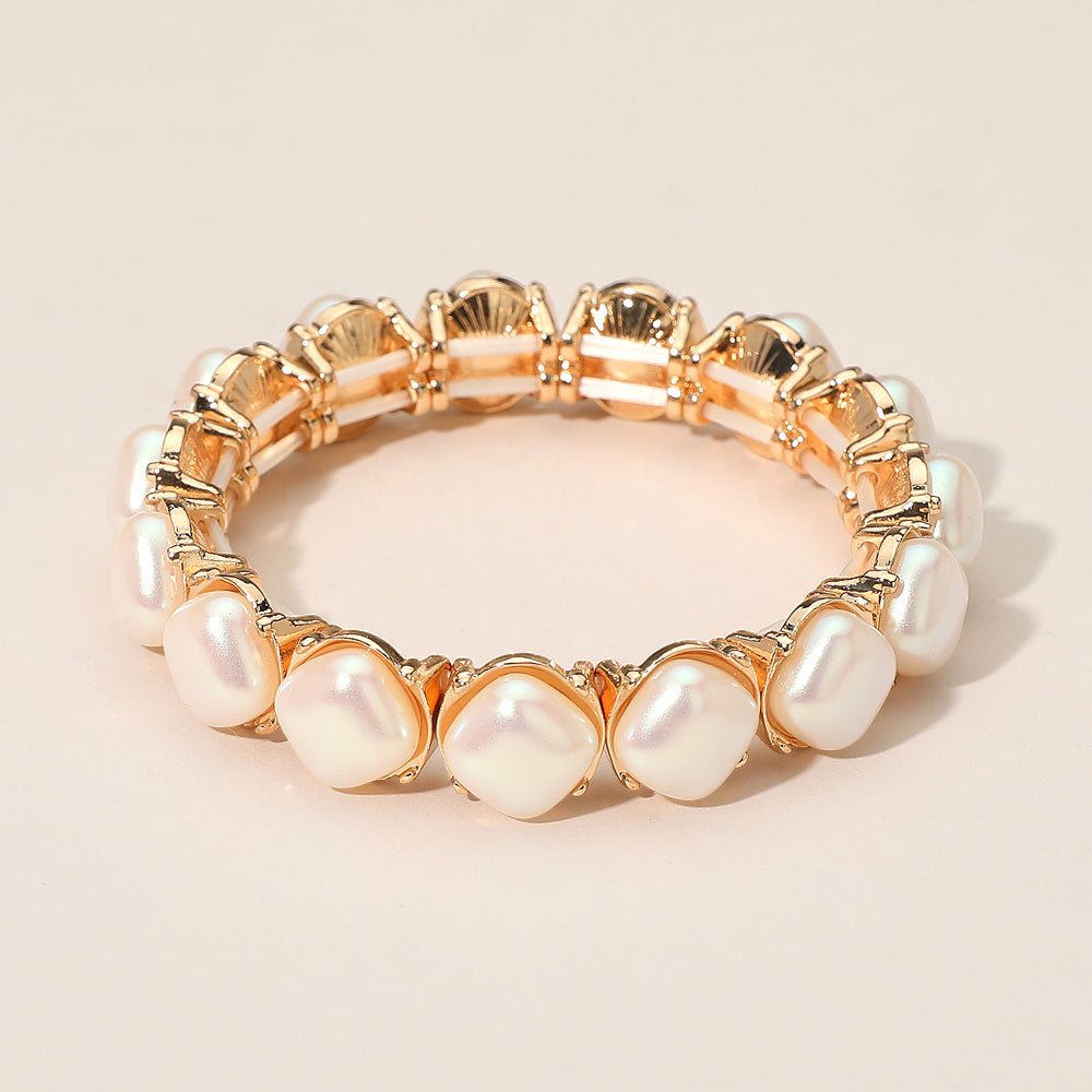 Madeline Love Cream, Gold Elegant Square Pearl Beaded Stretch Statement Bracelet - Bracelets