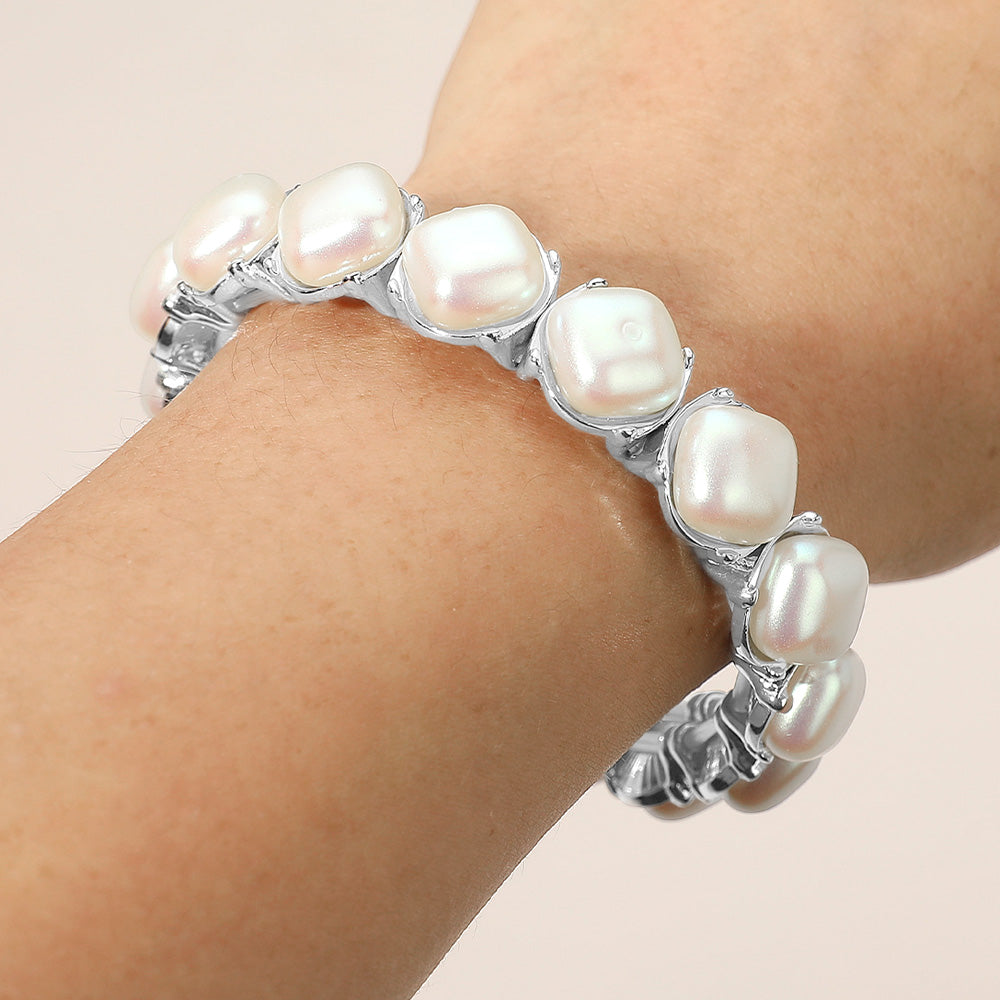 Madeline Love Cream, Silver Elegant Square Pearl Beaded Stretch Statement Bracelet - Bracelets
