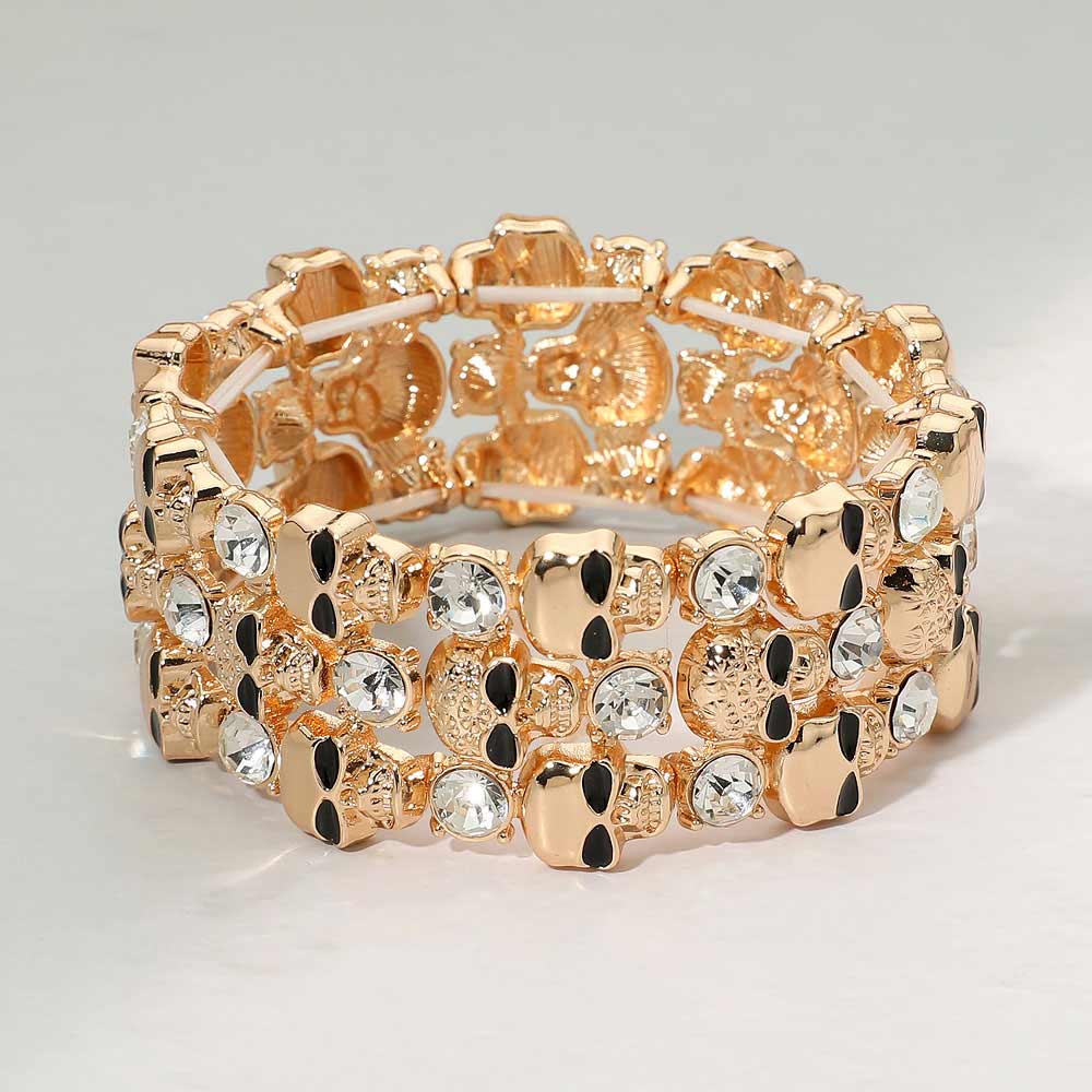 Madeline Love Gold Triple Row Rhinestone Skull Beaded Stretch Bracelet