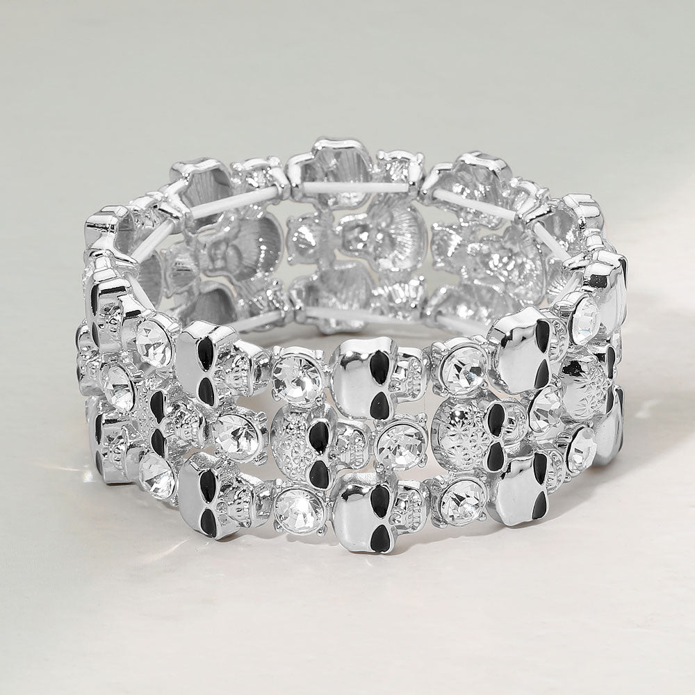 Madeline Love Silver Triple Row Rhinestone Skull Beaded Stretch Bracelet