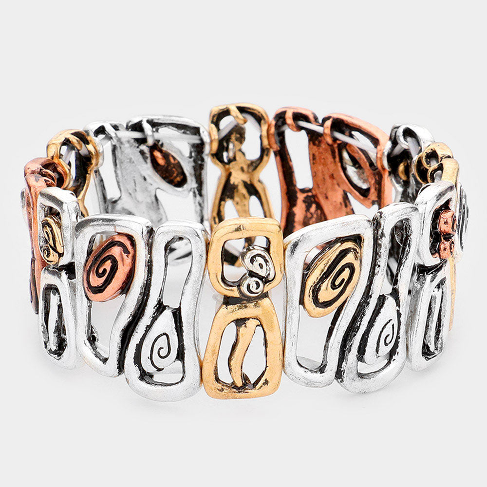 Madeline Love Three Tone Abstract Antique Metal Stretch Bracelet - Bracelets