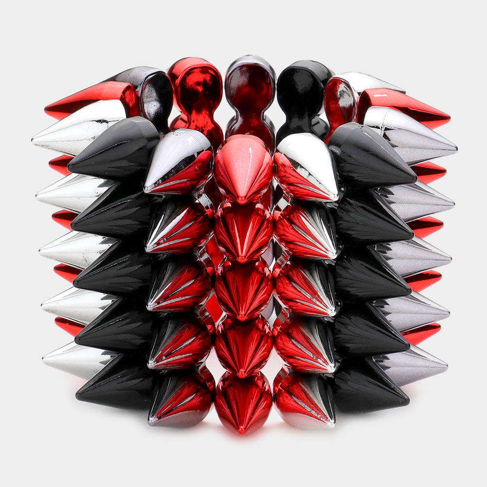 Madeline Love Black, Hematite, Red, Rhodium 5-Row Spike Cone Stud Stretch Bracelet - Bracelets