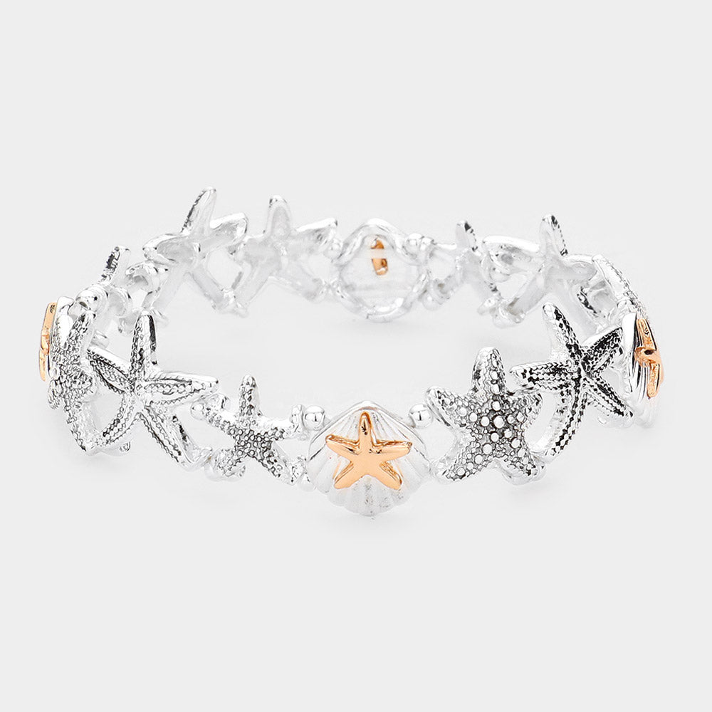 Two Tone Metal Starfish Shell Stretch Bracelet