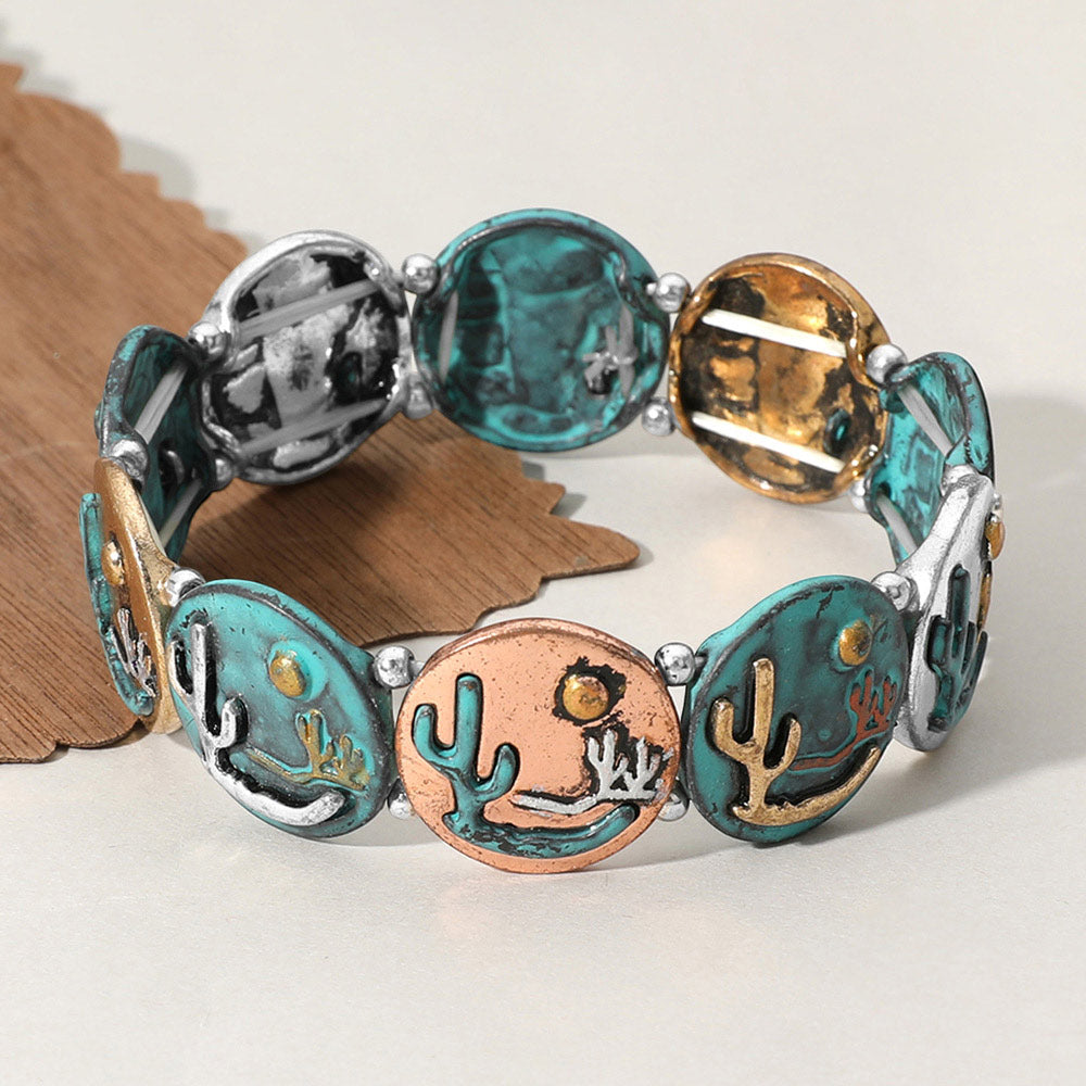 Madeline Love Patina Verdigris Western Cactus Embossed Plate Link Stretch Bracelet - Bracelets