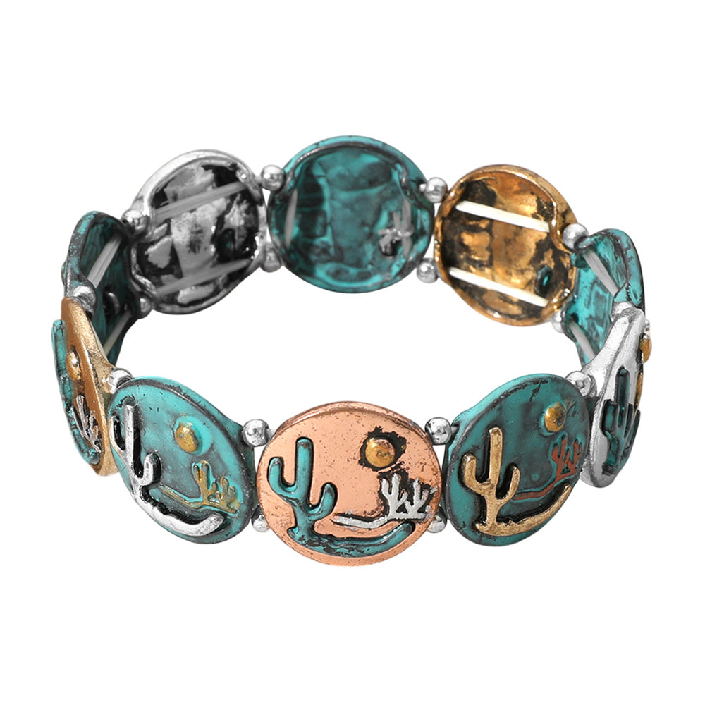 Madeline Love Patina Verdigris Western Cactus Embossed Plate Link Stretch Bracelet - Bracelets - desc