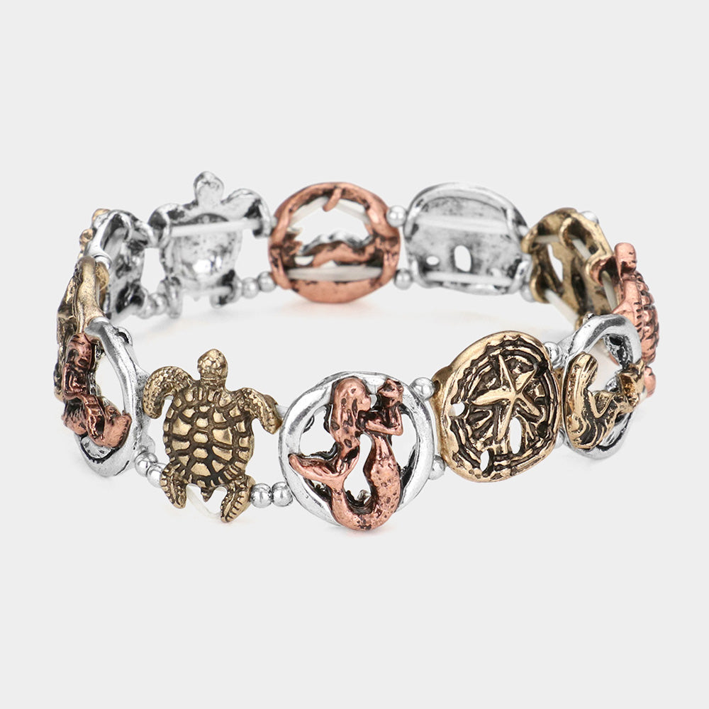 Three Tone Sea Life Antique Metal Pendant Link Stretch Bracelet