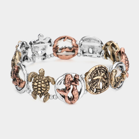 Three Tone Sea Life Antique Metal Pendant Link Stretch Bracelet