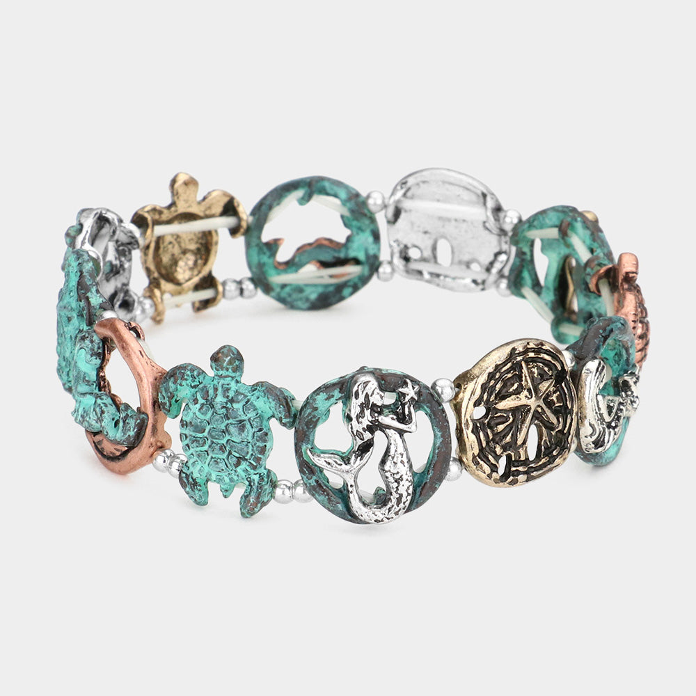 Patina Verdigris Sea Life Antique Metal Pendant Link Stretch Bracelet
